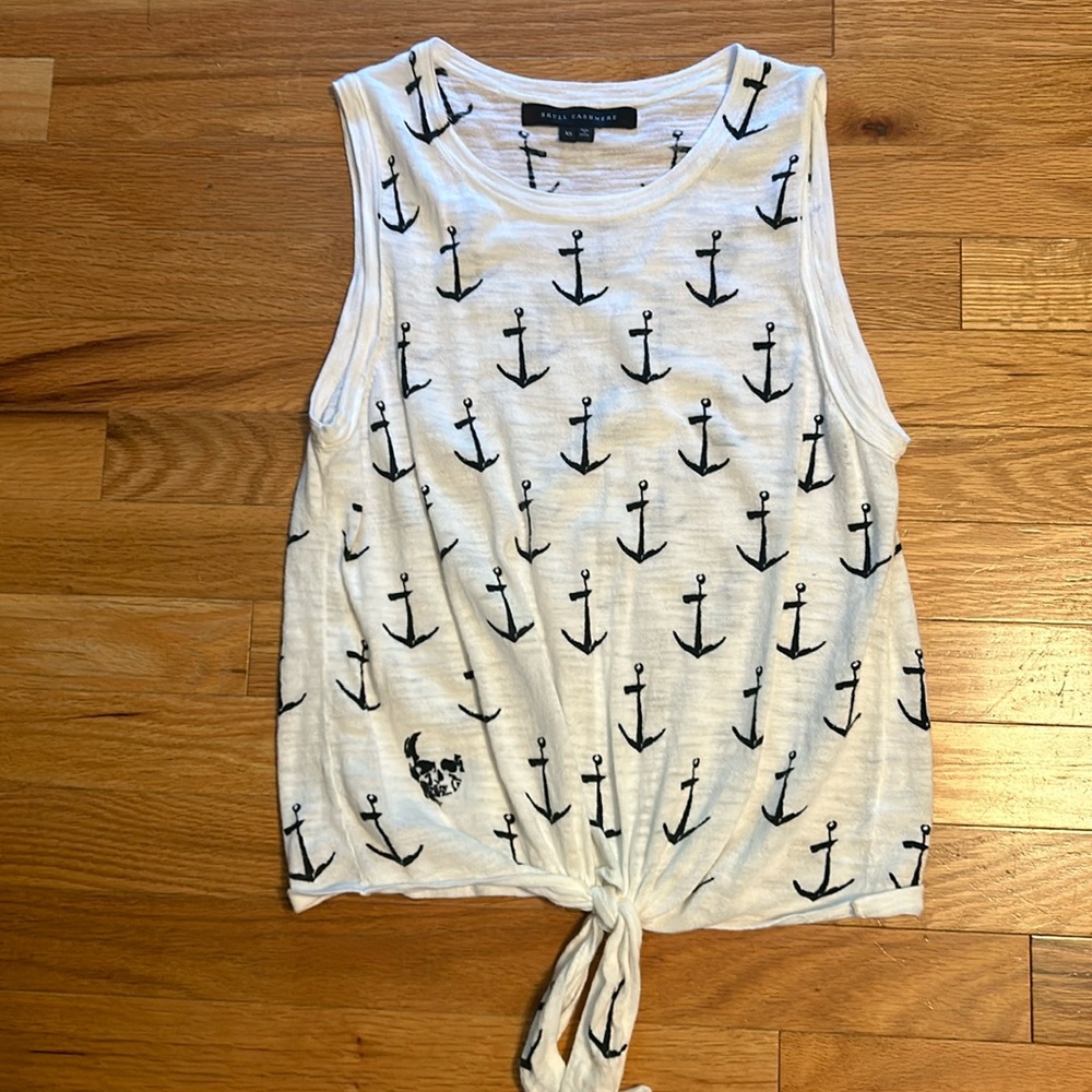 Skull Cashmere nautical tie-front anchor tank. White and blue, light cotton. XS